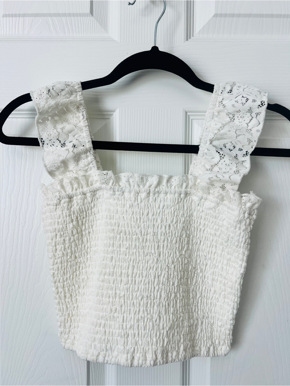 White Smocked Lace-Trim Bandeau Tank